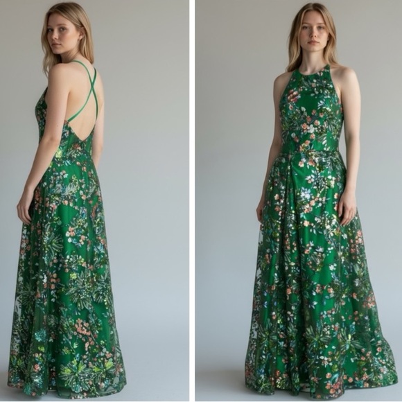 Helsi Emerald Green Sequin Satin GownFormal Evening Dress...